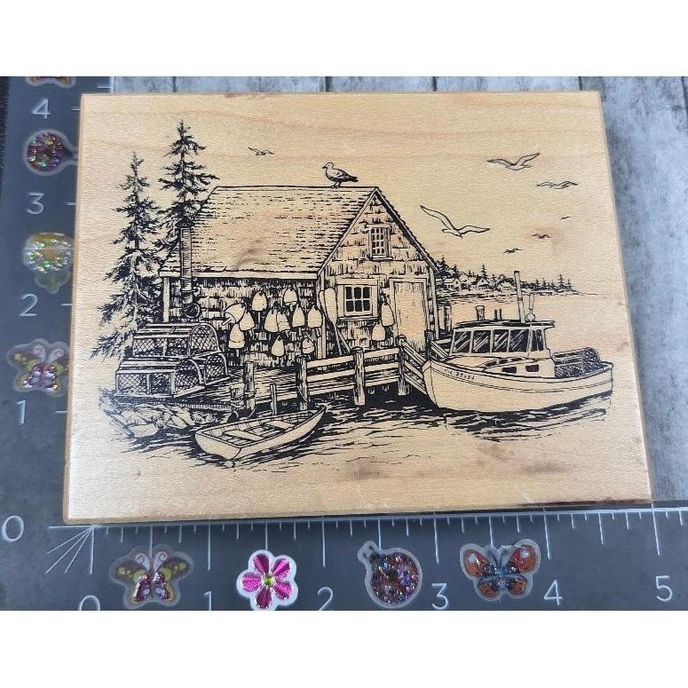 PSX Designs Boat House Fishing Dock Trees K2893 1999 Rubber Stamp Wood #C9